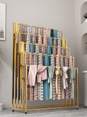 Multi-tiered 5-tier Iron Mid-century Modern Display Rack for Scarf Silk Scarf Sheet Curtain Fabric swatch Storage Shopping Mall
