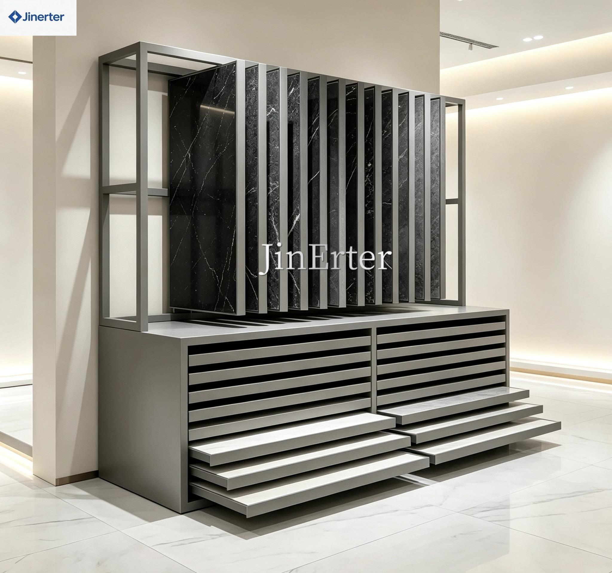 Modern for Contemporary Eco-friendly Metal Cabinet -Open Drawers for Showrooms Featuring Tile Flooring Quartz Marble