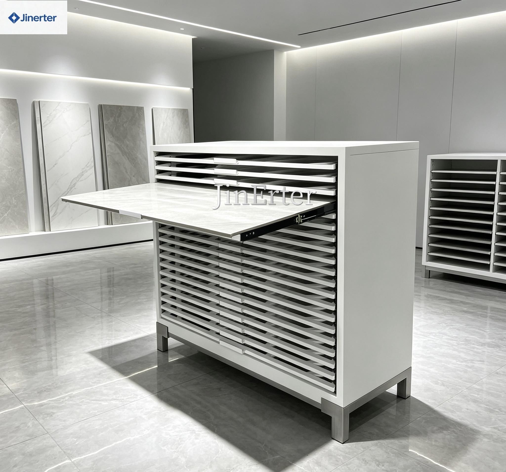 High-Quality Custom Ceramic Display Racks, Showroom Marble Tile Stands, and Floor-Standing Stone Display Racks with Drawers