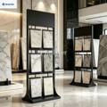 Customizable metal freestanding tile display racks, suitable for showrooms featuring ceramic, granite, quartz, and marble