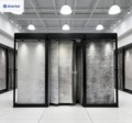 Customized Push Pull Sliding Stand Metal Hanging Fabric Display Rack for Large Area Carpet and Rug Showroom