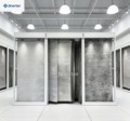 Customized Push Pull Sliding Stand Metal Hanging Fabric Display Rack for Large Area Carpet and Rug Showroom