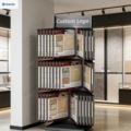 Slot-style tile display racks, ceramic display fixtures, hardwood flooring display racks, stone display cabinets