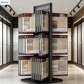 Slot-style tile display racks, ceramic display fixtures, hardwood flooring display racks, stone display cabinets