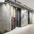 Customized Push Pull Sliding Stand Metal Hanging Fabric Display Rack for Large Area Carpet and Rug Showroom