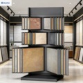 Slot-style tile display racks, ceramic display fixtures, hardwood flooring display racks, stone display cabinets